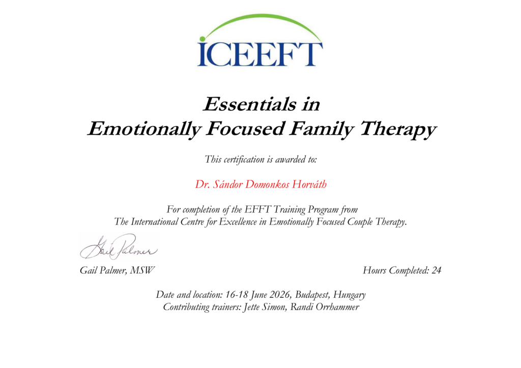 Essentials in Emotionally Focused Family Therapy (EFFT) oklevél – ICEEFT, Dr. Horváth Sándor Domonkos, Budapest 2026