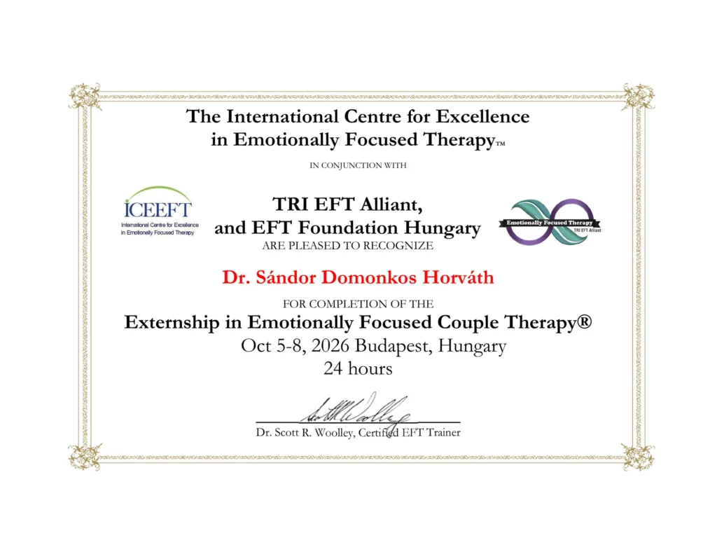 Externship in Emotionally Focused Couple Therapy (EFCT) tanúsítvány – ICEEFT, TRI EFT Alliant és EFT Foundation Hungary, Dr. Horváth Sándor Domonkos, Budapest 2026