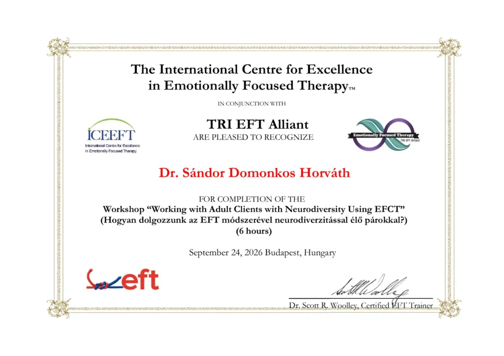 Working with Adult Clients with Neurodiversity Using EFCT workshop tanúsítvány, ICEEFT és TRI EFT Alliant, Dr. Horváth Sándor Domonkos, Budapest 2026